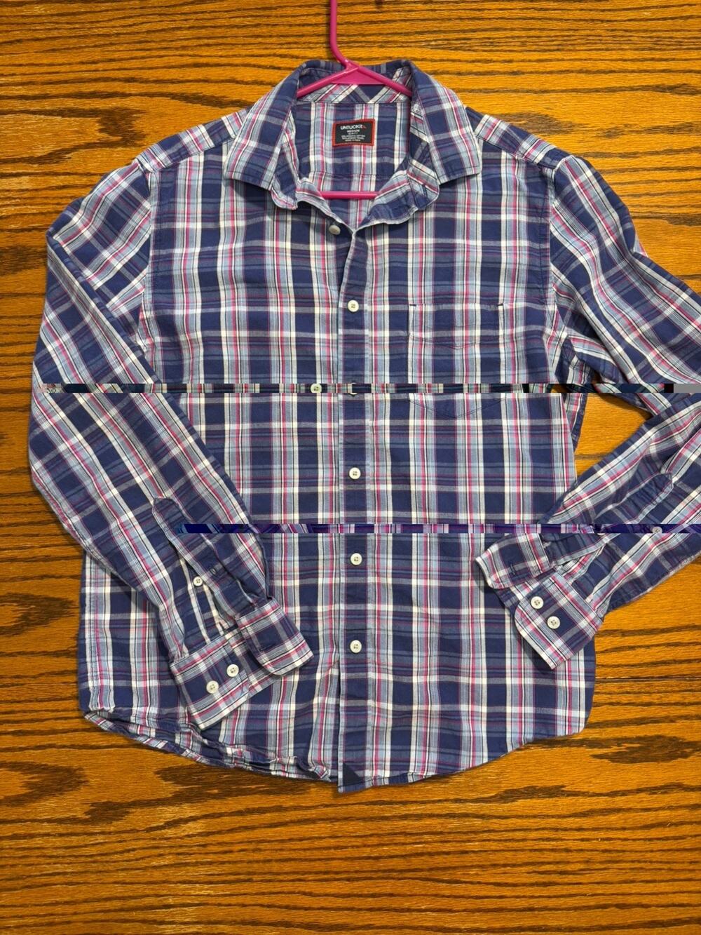 Untuckit Long Sleeve Button Up Shirt Blue Red Summer Plaid Med Slim Fit Oxford
